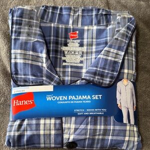 Hanes mens Navy and White Plaid Woven Pajama Set